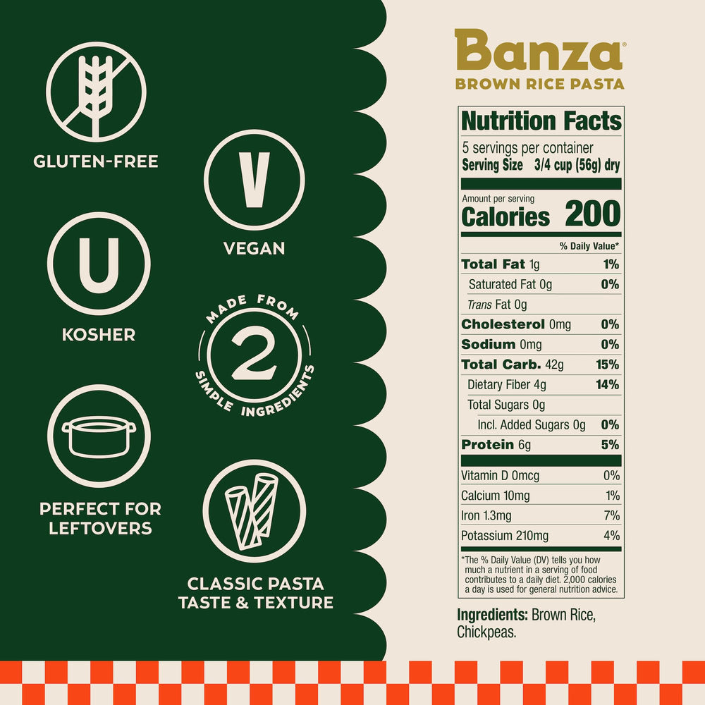 Banza Brown Rice Rotini pantry-display showcases versatile pasta for weeknight meals.