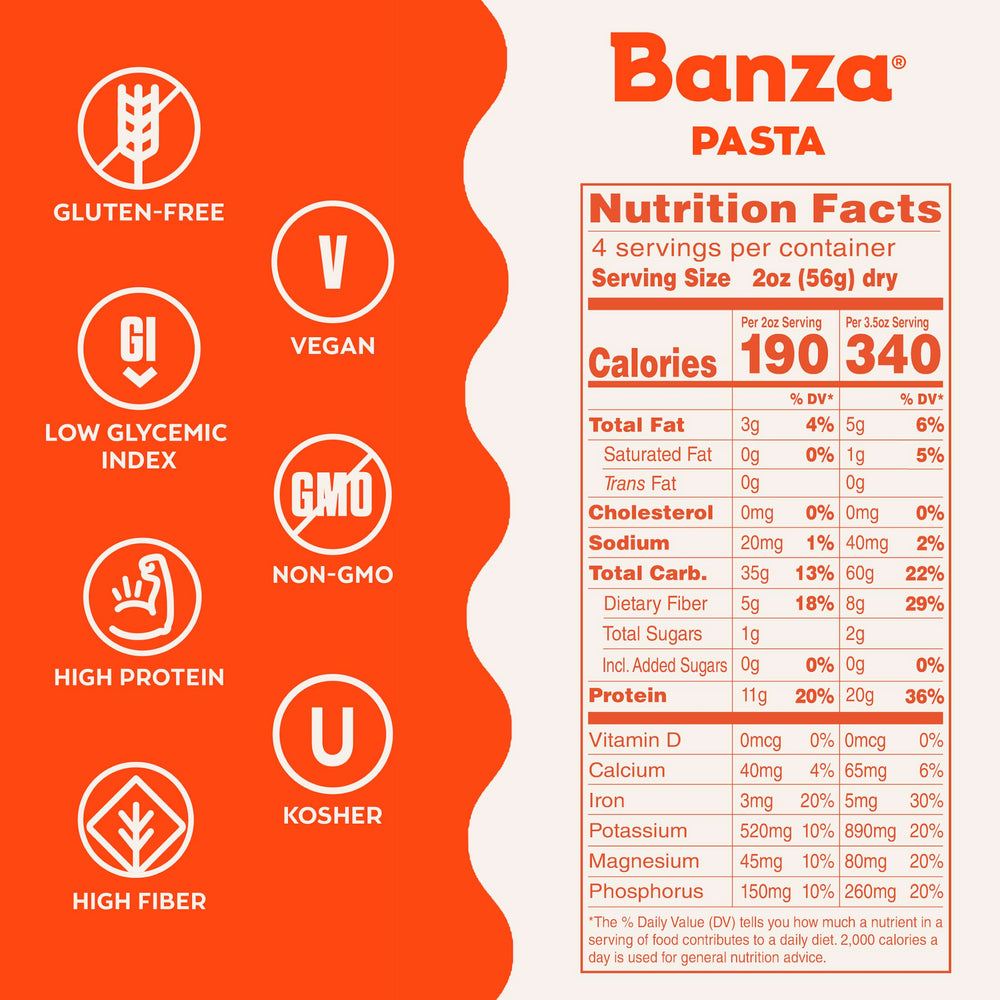 Banza cooked-plate-penne: chickpea pasta, saucy and protein-rich for family meals