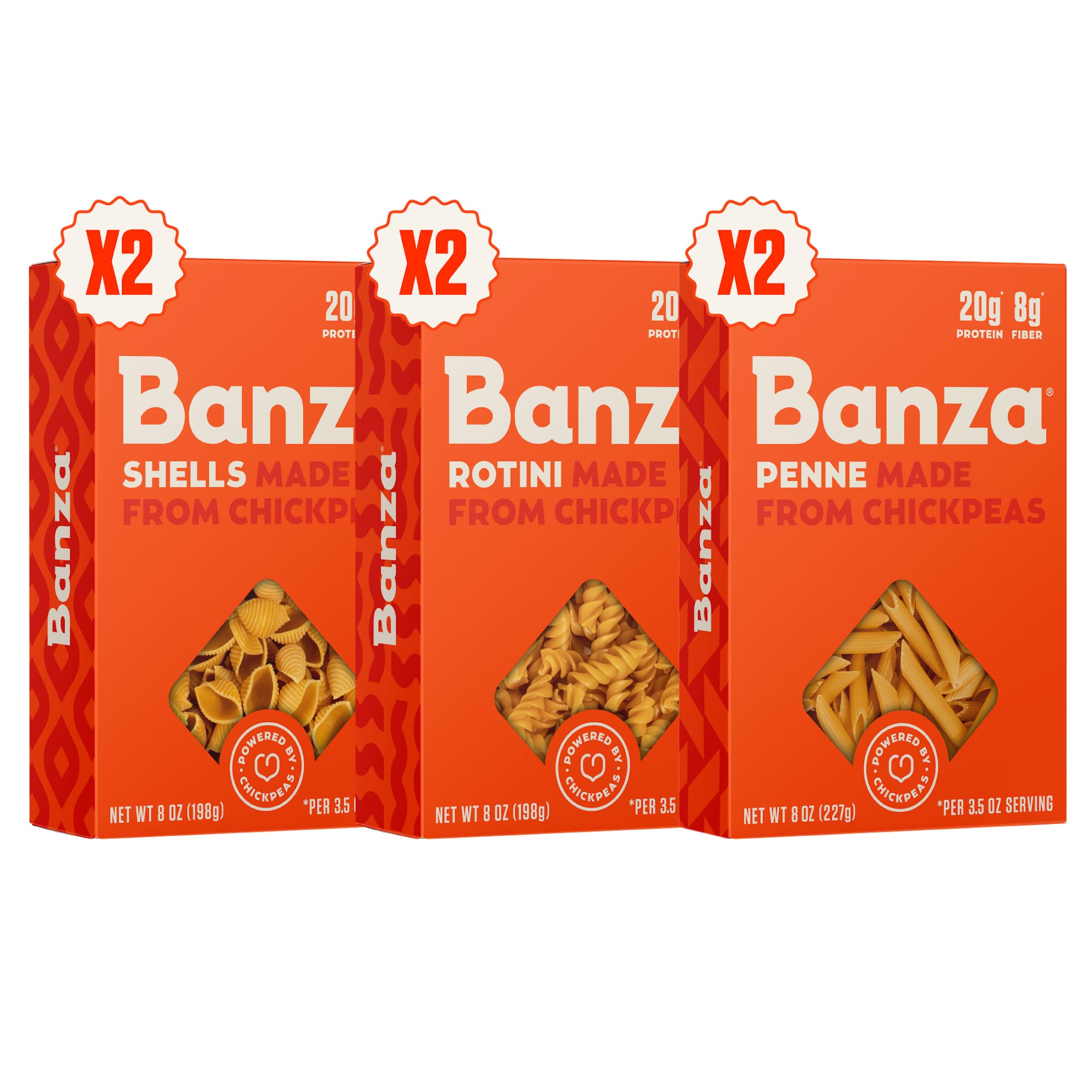 Banza variety pack pack shot showing gluten-free chickpea pasta for quick, satisfying dinners