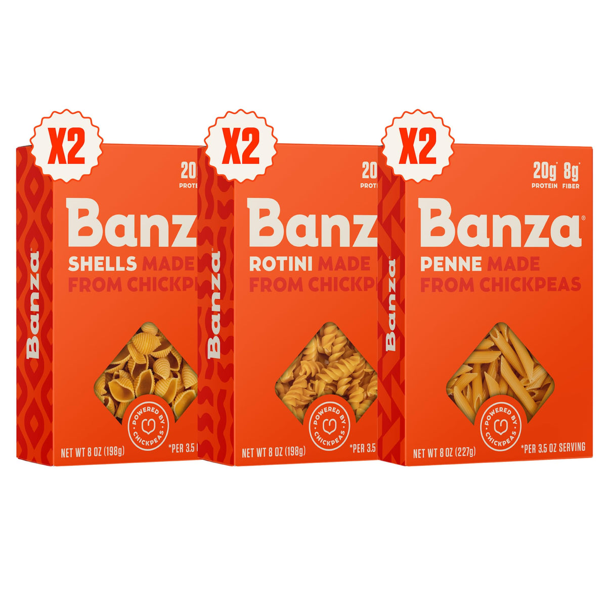 Banza variety pack pack shot showing gluten-free chickpea pasta for quick, satisfying dinners
