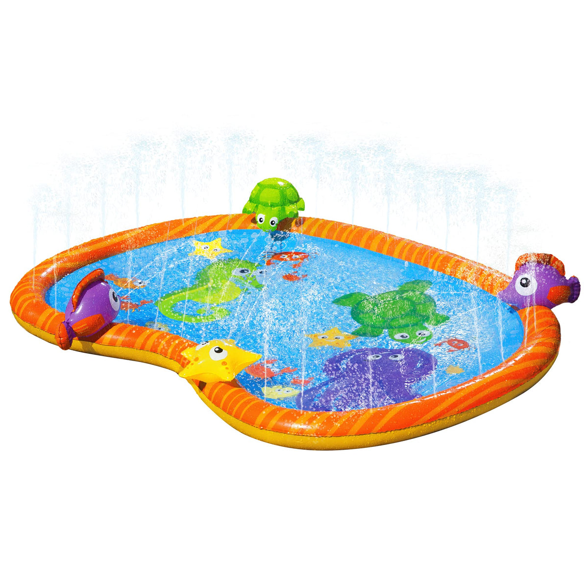 BANZAI Splash Pad border sprinklers provide gentle water play for toddlers.