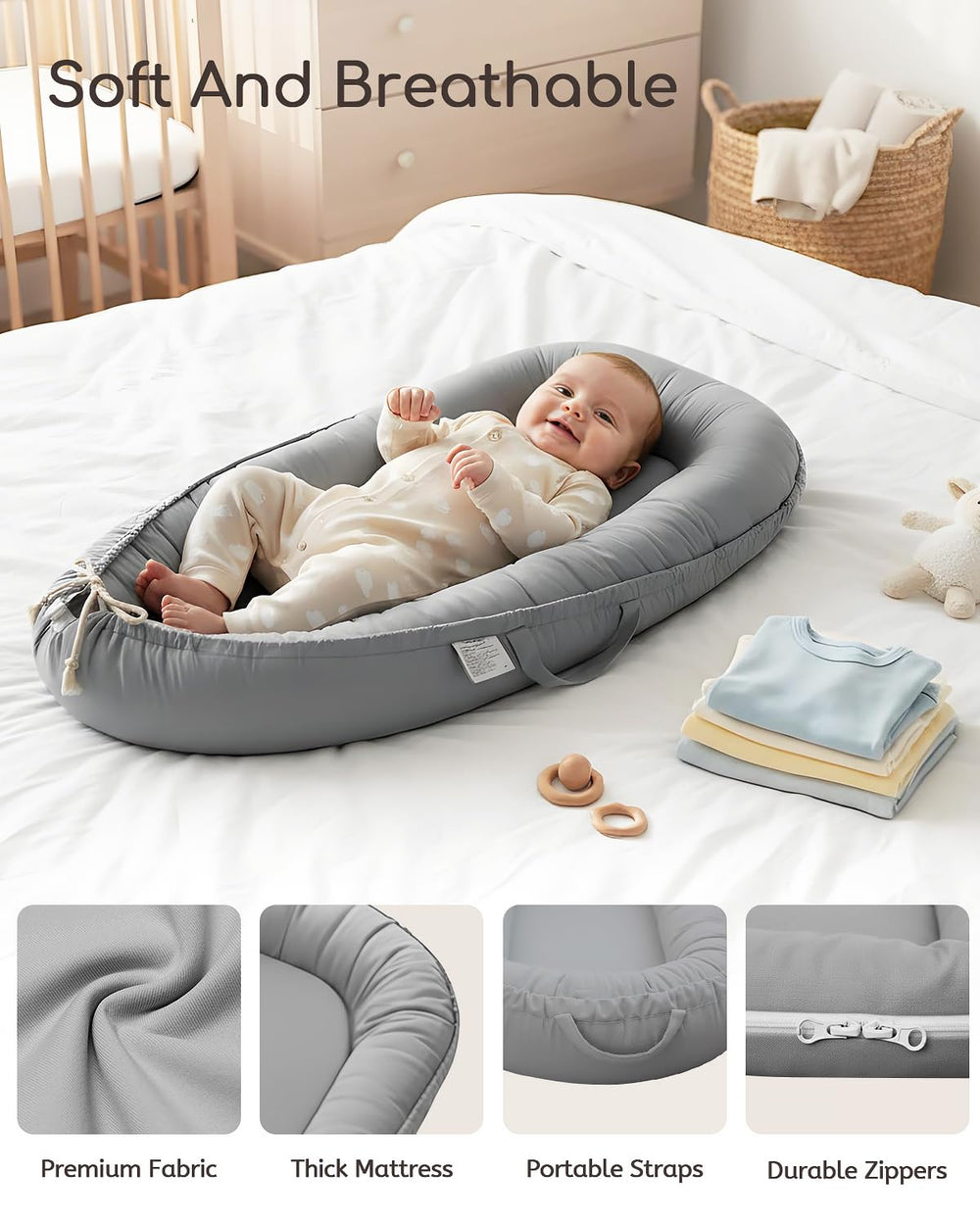 Baobrava Baby Lounger adjustable shoulder straps grow with your baby.