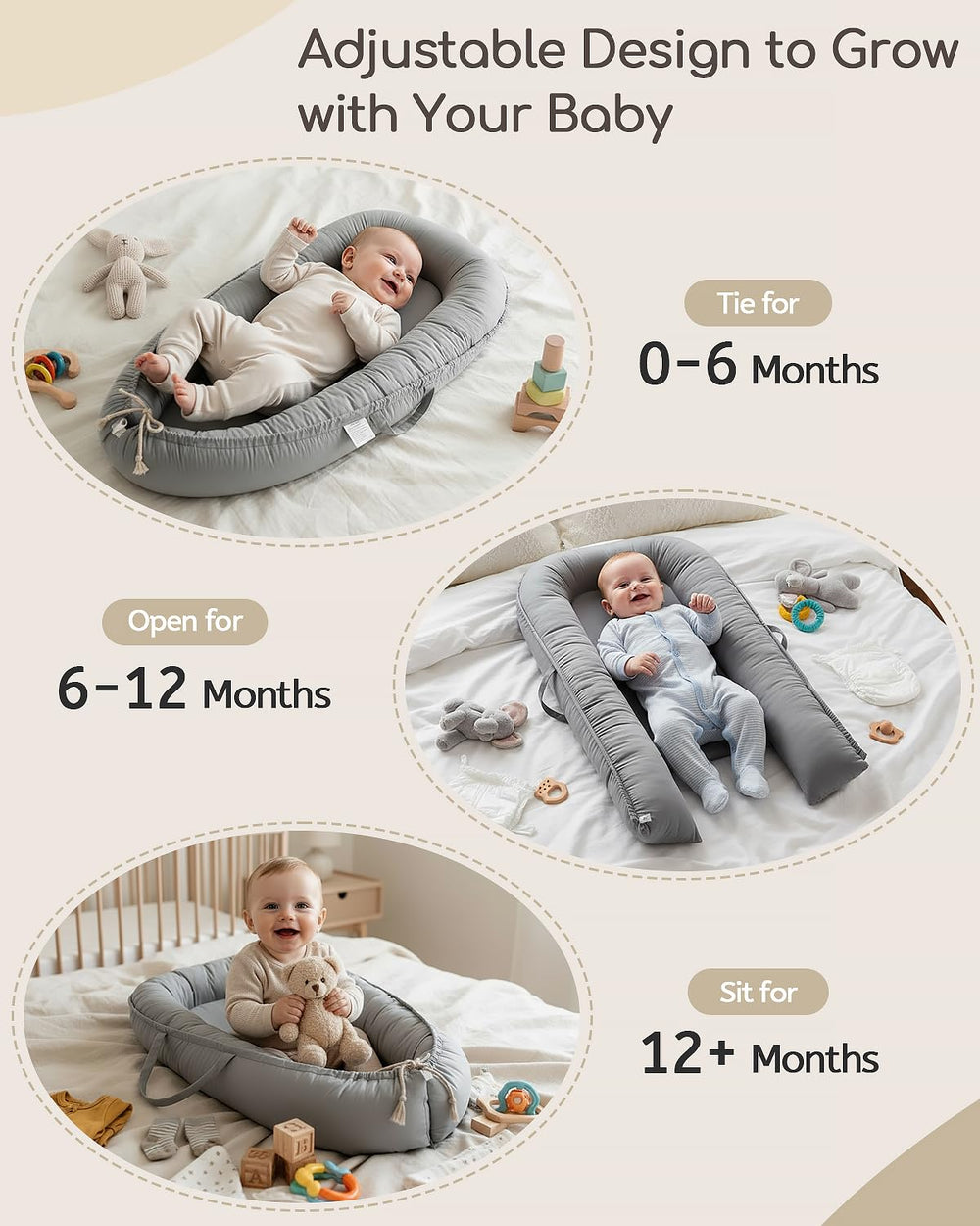 Baobrava Baby Lounger features cozy 100% cotton for gentle comfort.