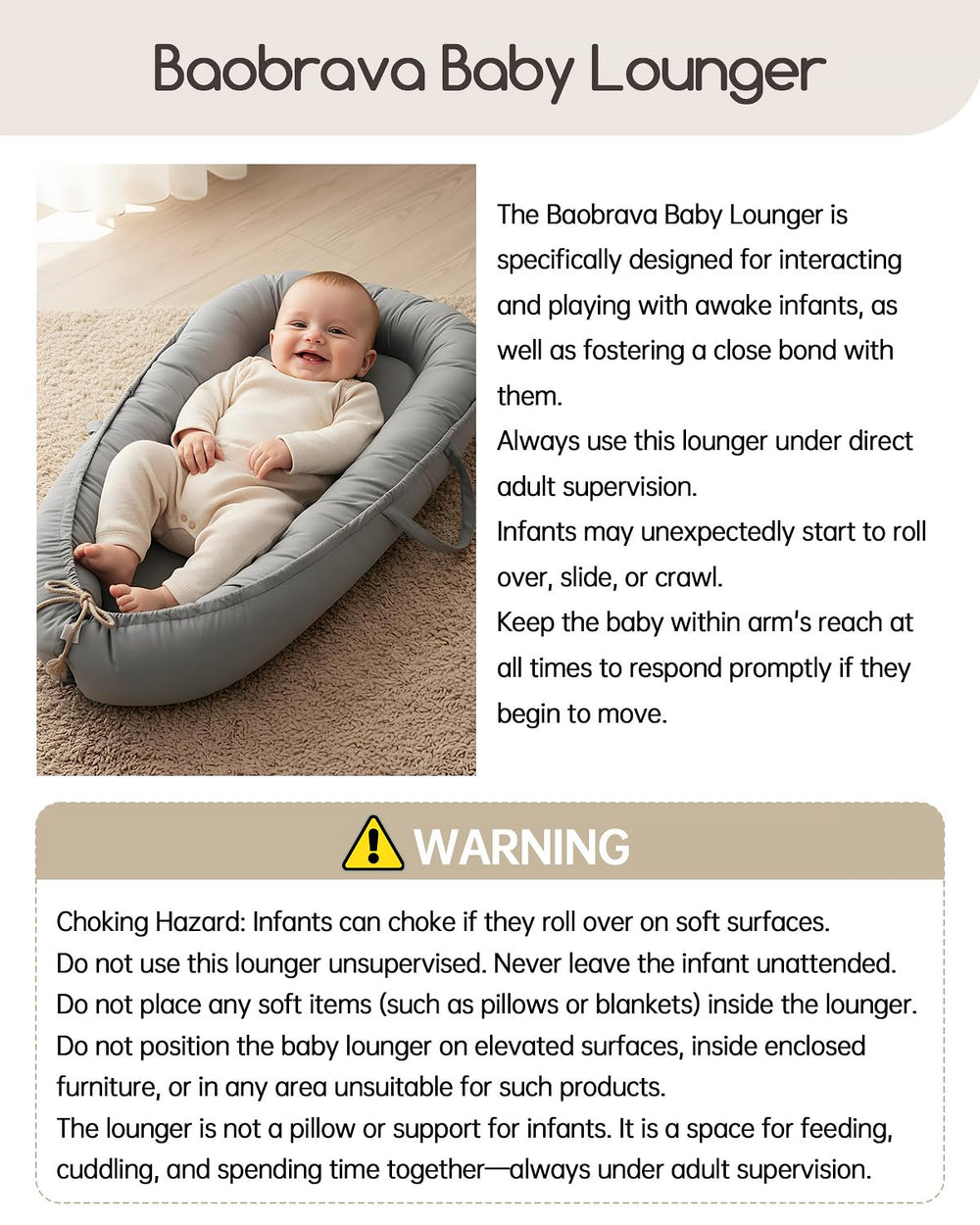 Baobrava Baby Lounger supports resting, tummy time, play and diaper changes.