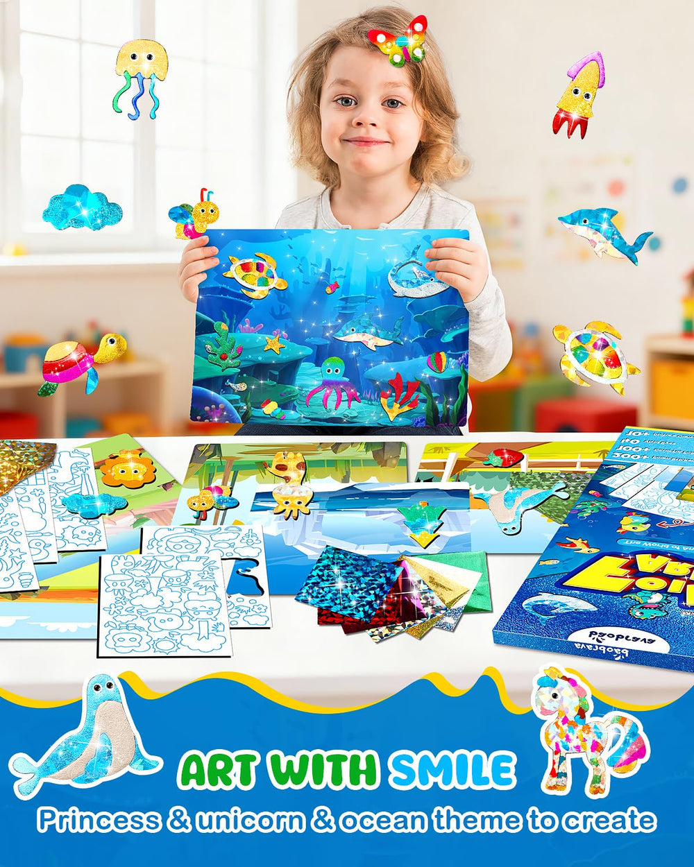 Baobrava foil art kit foam stickers provide easy, mess-free crafting.