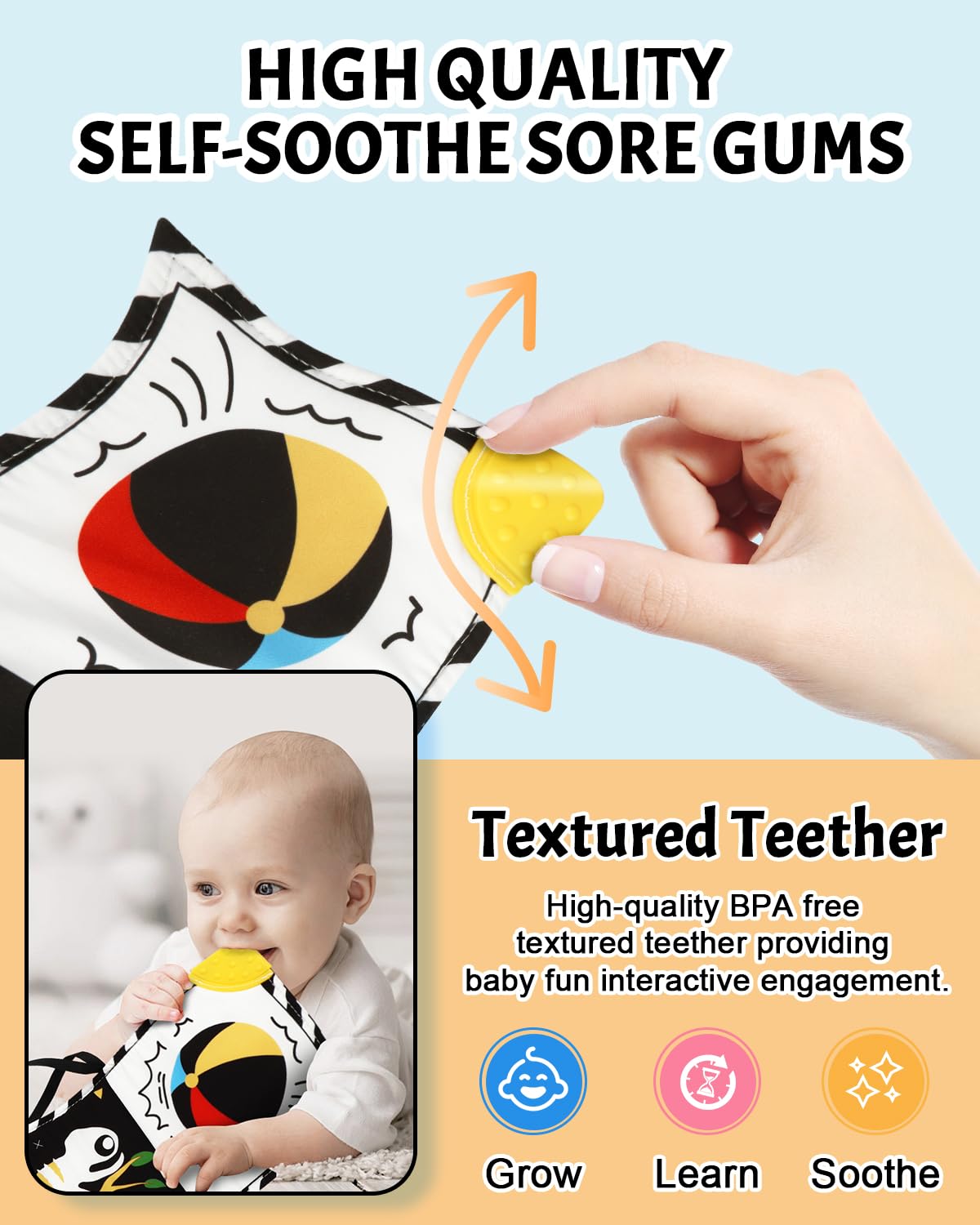 Baobrava textured teether spine soothes gums during play.