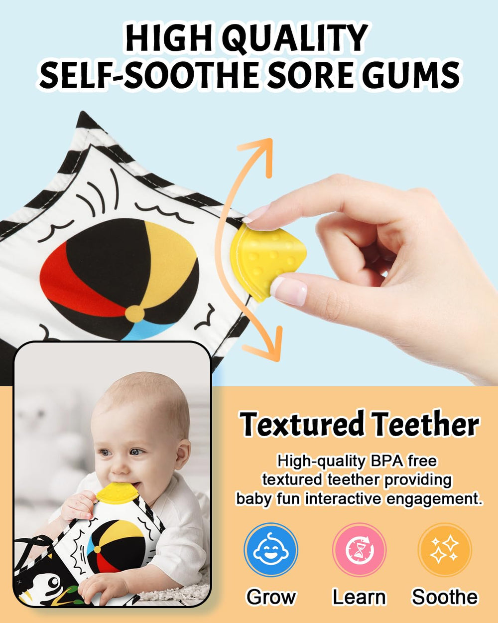 Baobrava textured teether spine soothes gums during play.