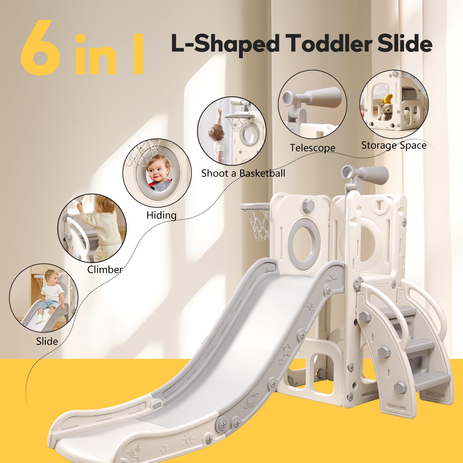 Baotree 6-in-1 playset basketball hoop invites active play.