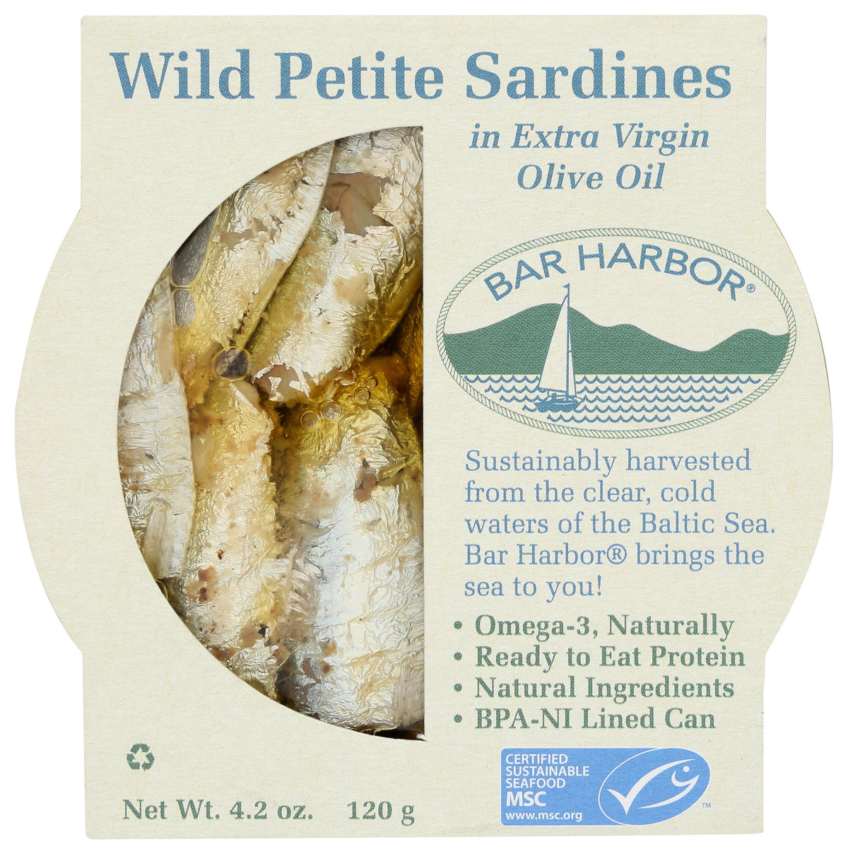 Bar Harbor Wild Petite Sardines in olive oil tin highlight premium protein and simple ingredients.