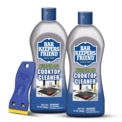 Bar Keepers Friend Cooktop Cleaner bottle, ideal for spotless glass and ceramic cooktops.