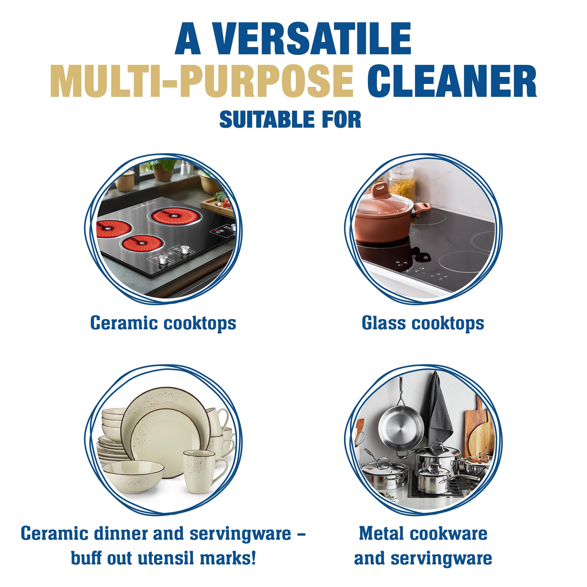 Bar Keepers Friend Cooktop Cleaner on glass-ceramic surfaces, non-scratching and grease-removing.