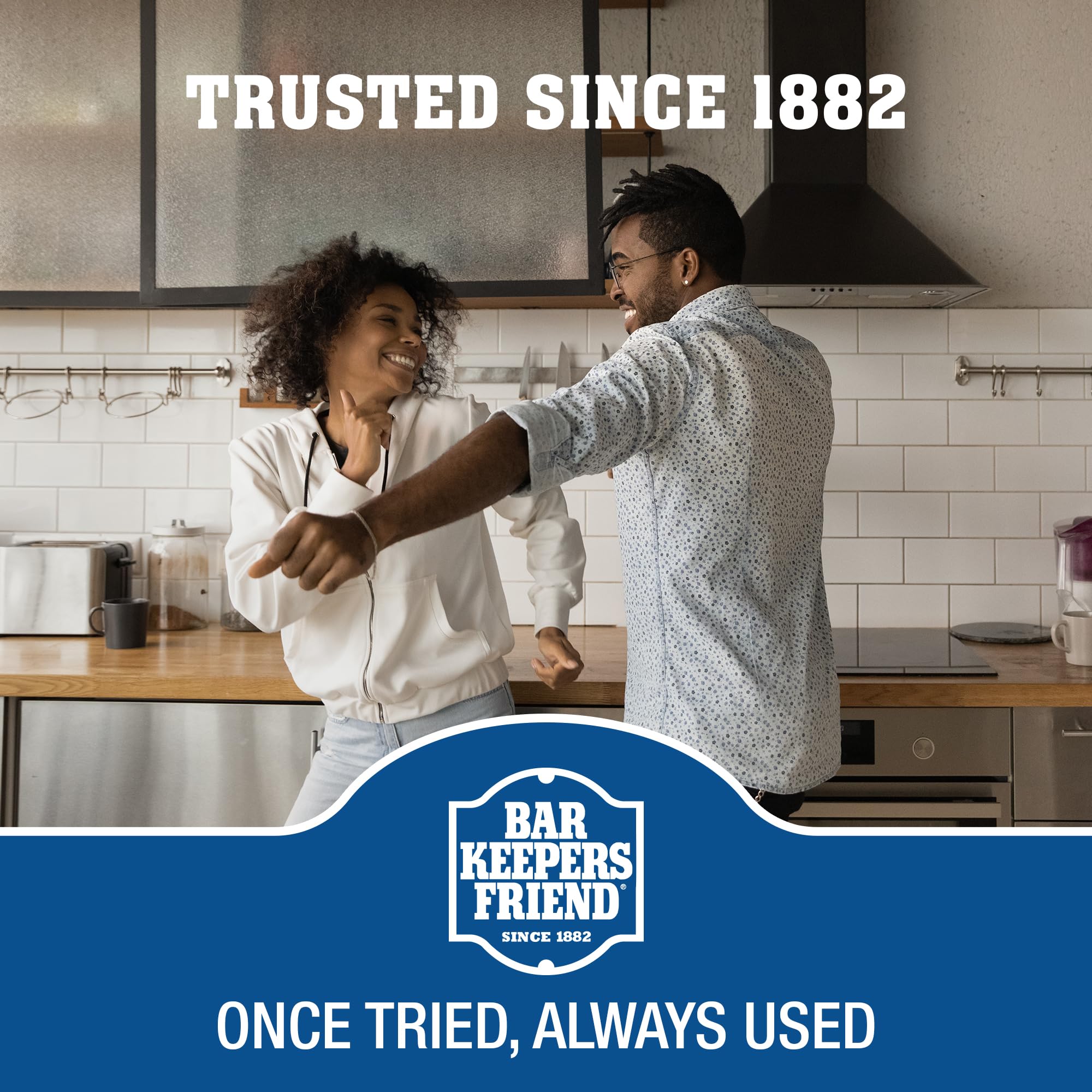 Bar Keepers Friend Cooktop Cleaner safe on porcelain, brass, copper, stainless steel.