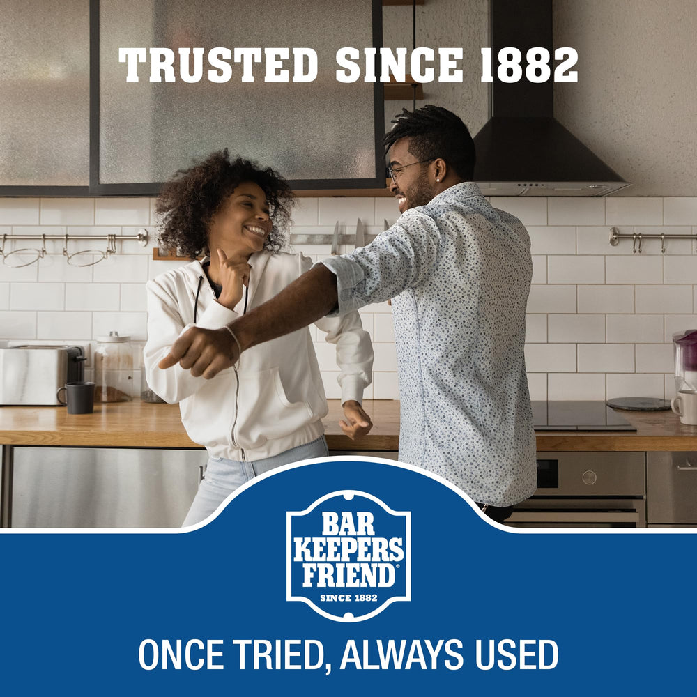Bar Keepers Friend Cooktop Cleaner safe on porcelain, brass, copper, stainless steel.