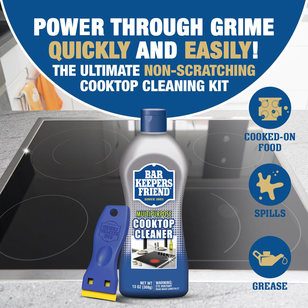 Bar Keepers Friend Cooktop Cleaner scraper, included for easy residue removal.