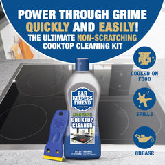 Bar Keepers Friend Cooktop Cleaner scraper, included for easy residue removal.
