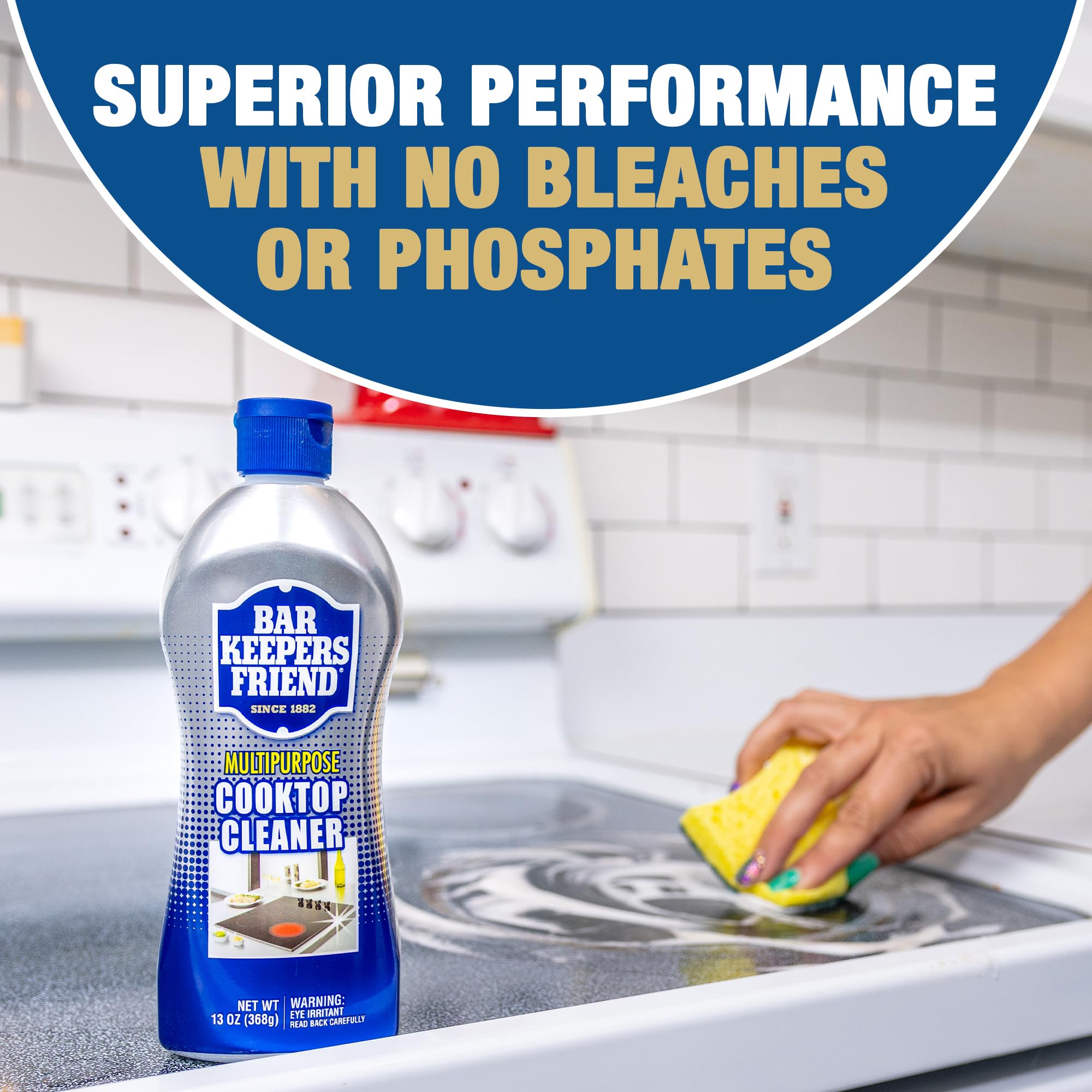Bar Keepers Friend Cooktop Cleaner after-wipe buff yields shiny surface.