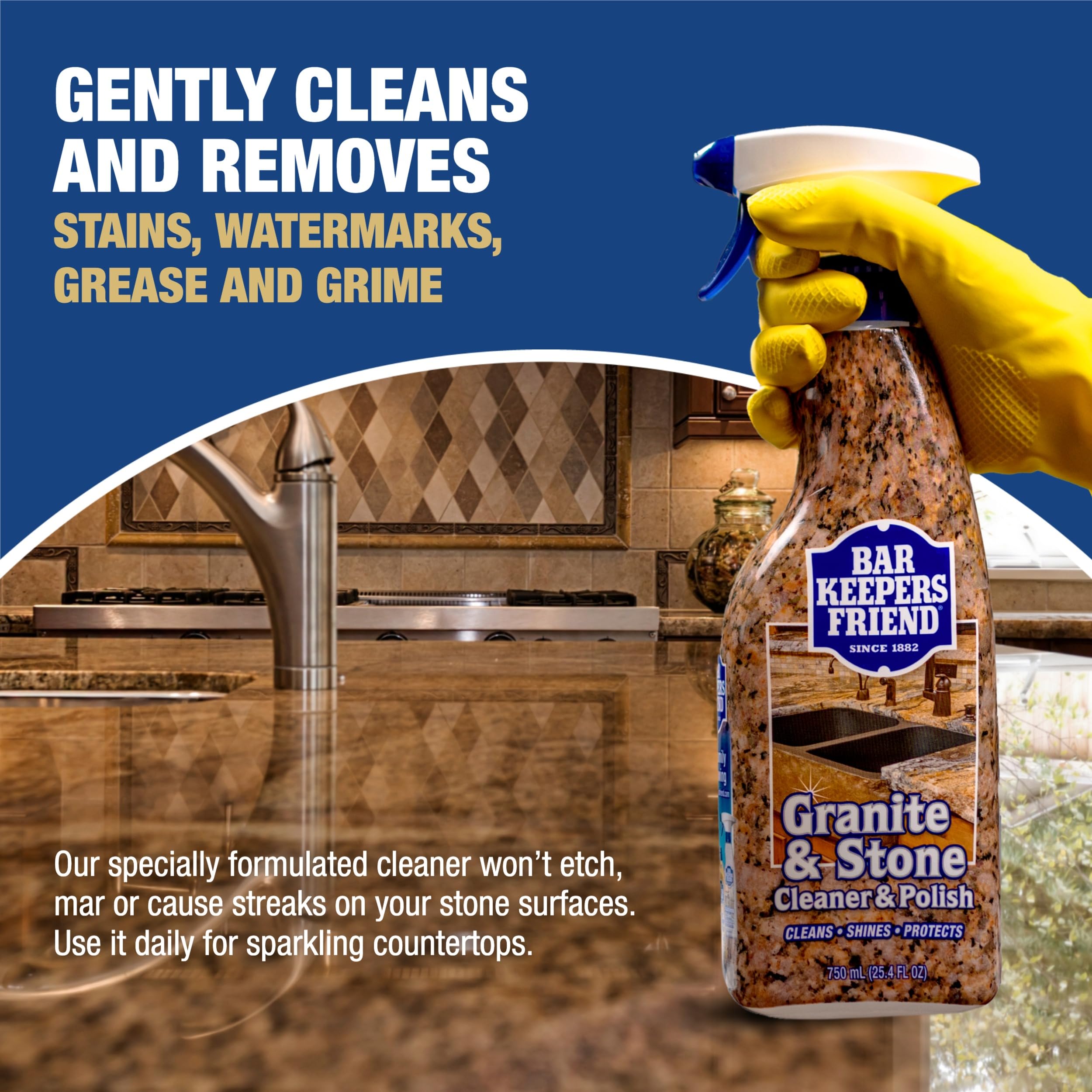 Bar Keepers Friend granite cleaner before and after shine on countertop.
