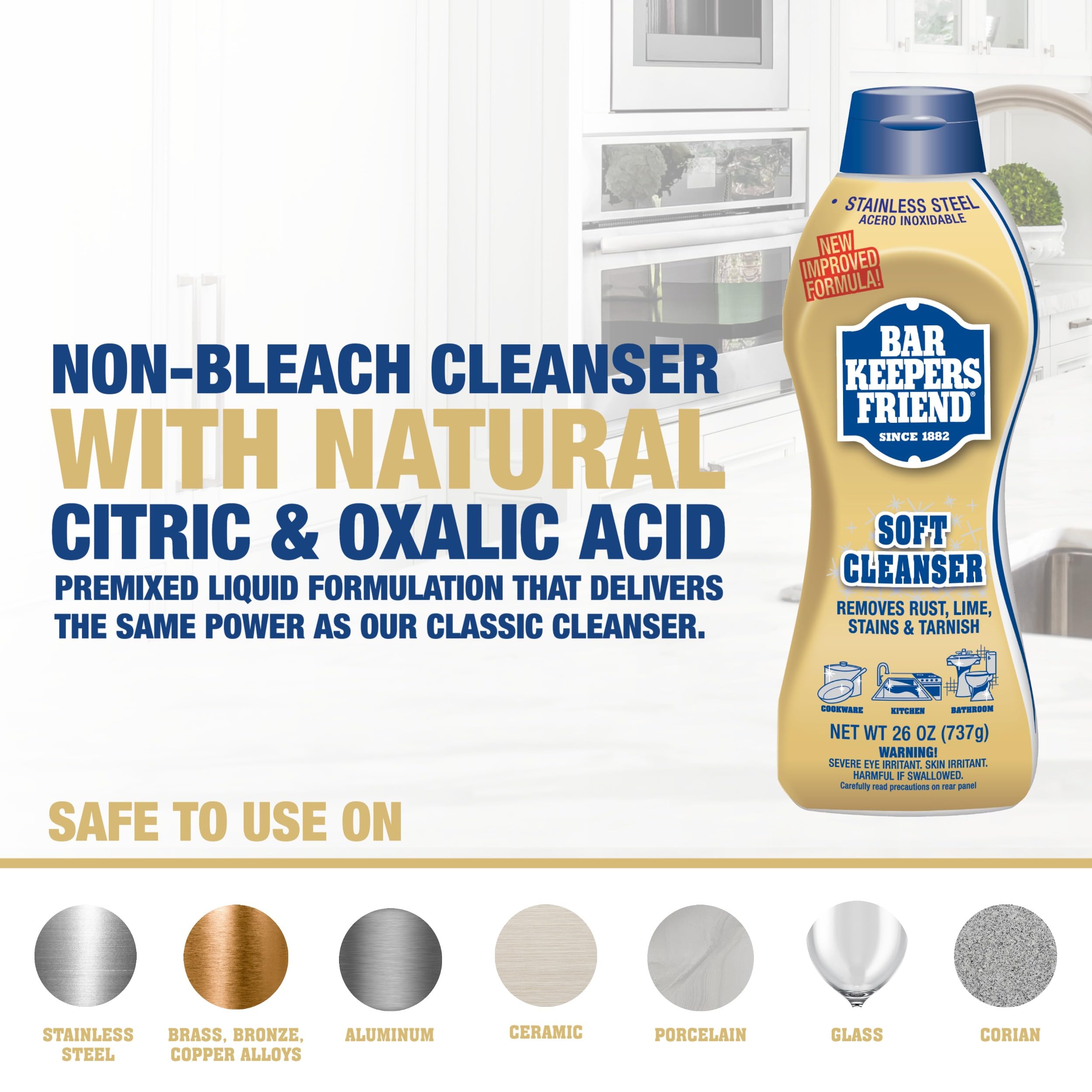 Bar Keepers Friend Soft Cleanser removes rust on stainless sinks and cookware