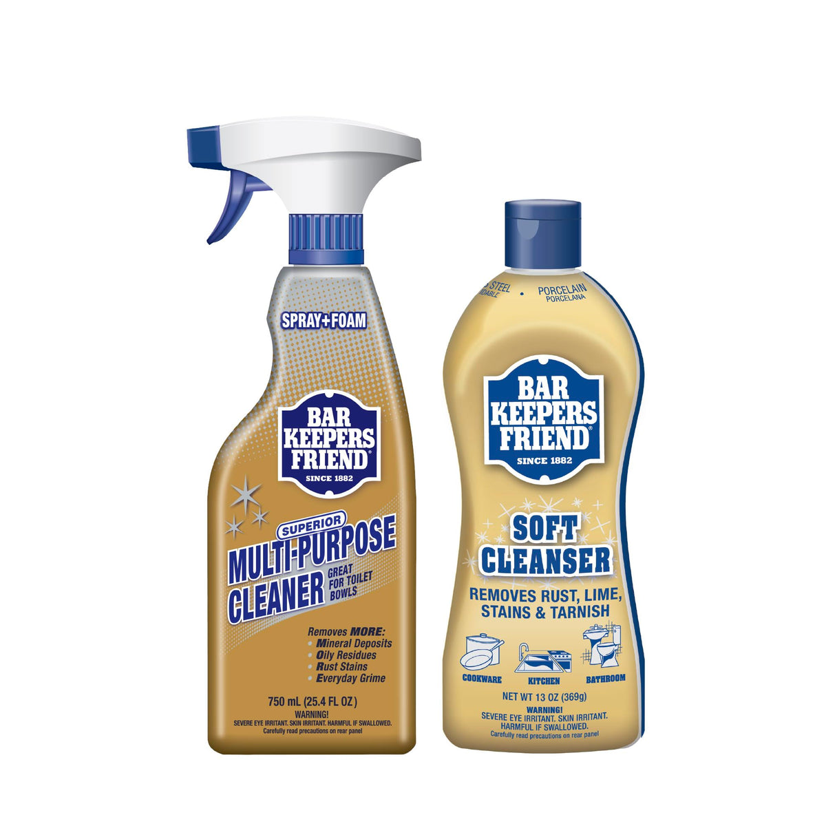 Bar Keepers Friend Soft Cleanser on stainless steel surfaces shows rust removal potential.