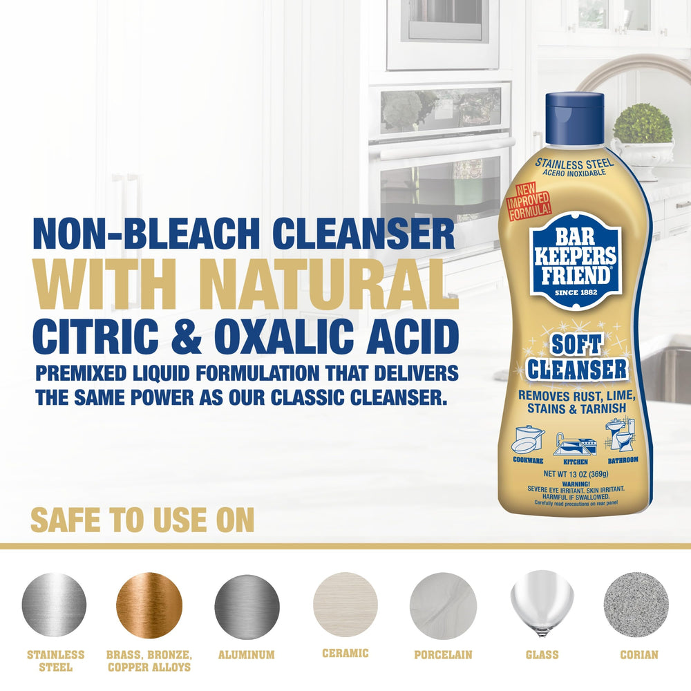 Bar Keepers Friend Soft Cleanser clings to vertical surfaces for grime lift.