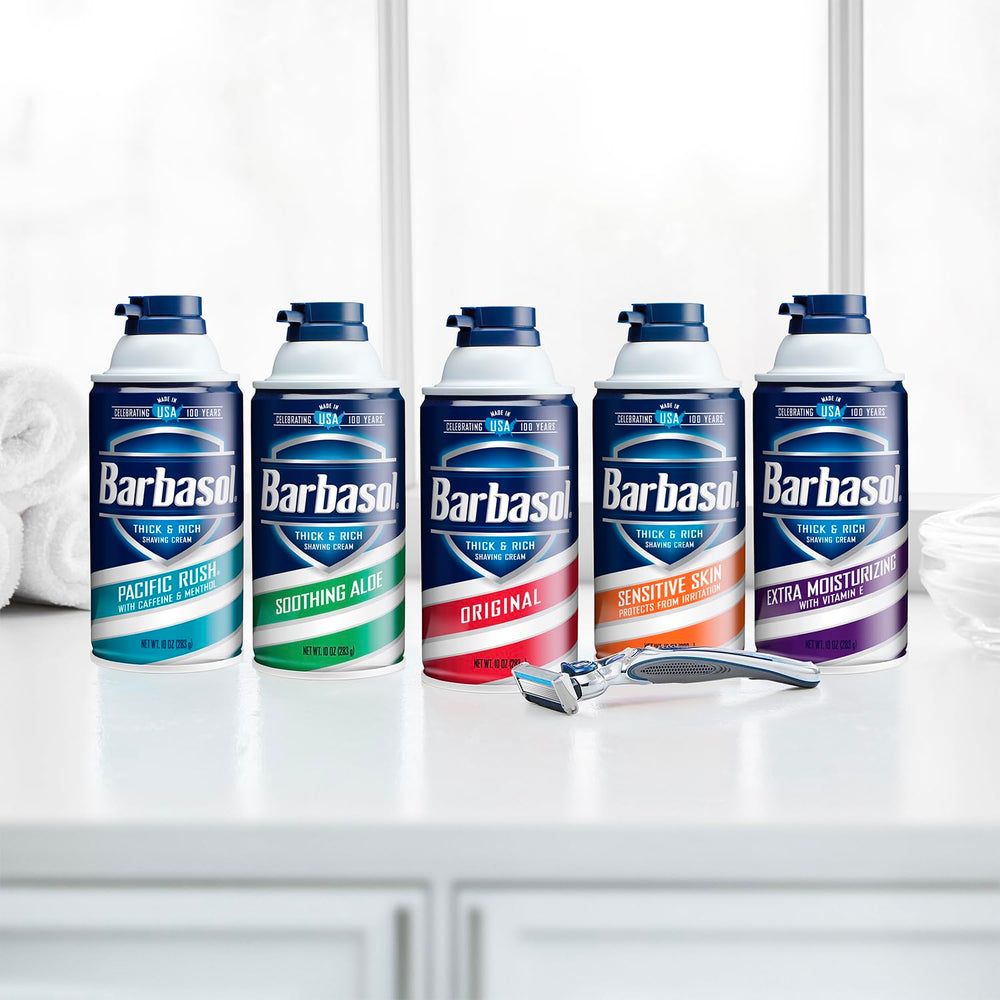 Barbasol Original fresh scent shaving foam on neck for refreshing feel
