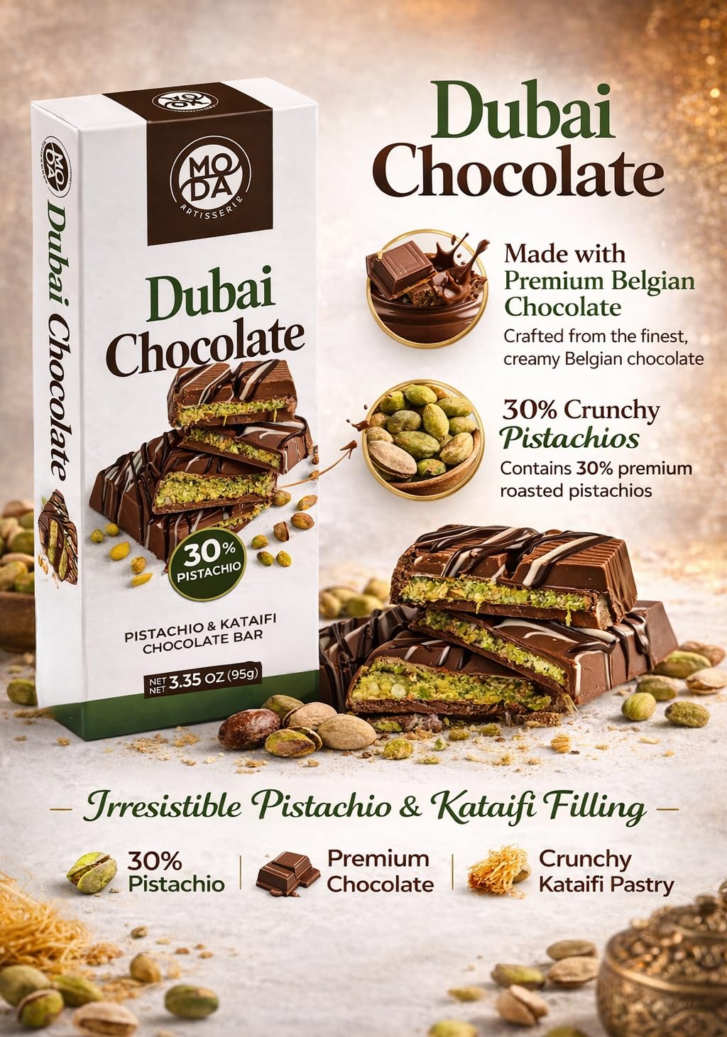 BARBEE brownie cream filling visible in a pistachio milk chocolate bar.