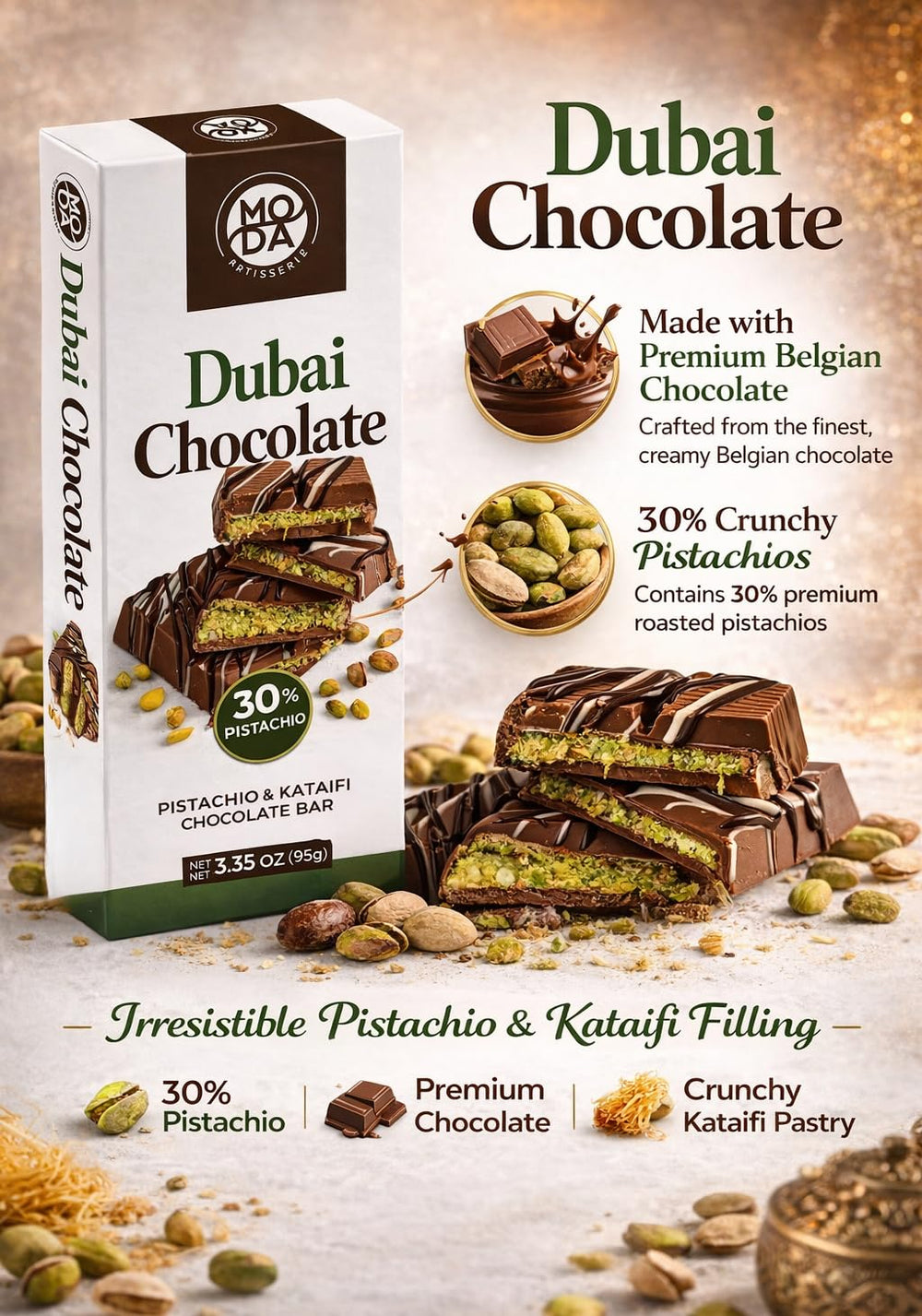 BARBEE brownie cream filling visible in a pistachio milk chocolate bar.