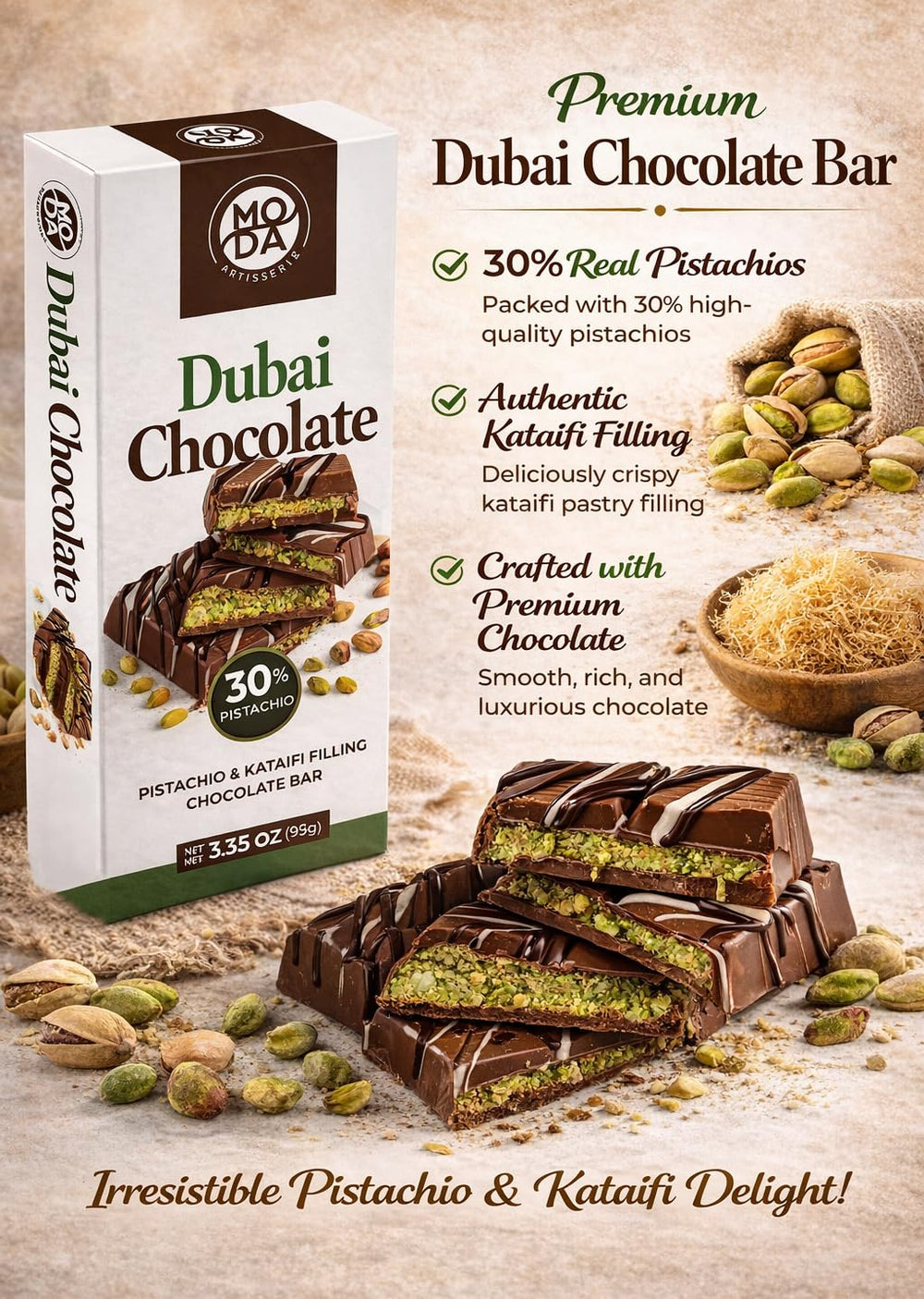 BARBEE chocolate bar with crispy kataifi seen for a crunchy bite.