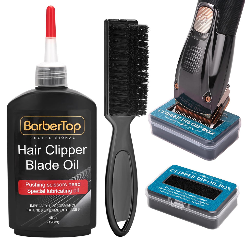 BarberTop clipper oil bottle closeup with colorless formula for smooth lubrication.
