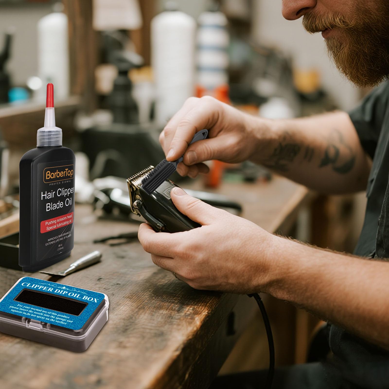 BarberTop oil dip box setup illustrating quick, drip-free oiling.