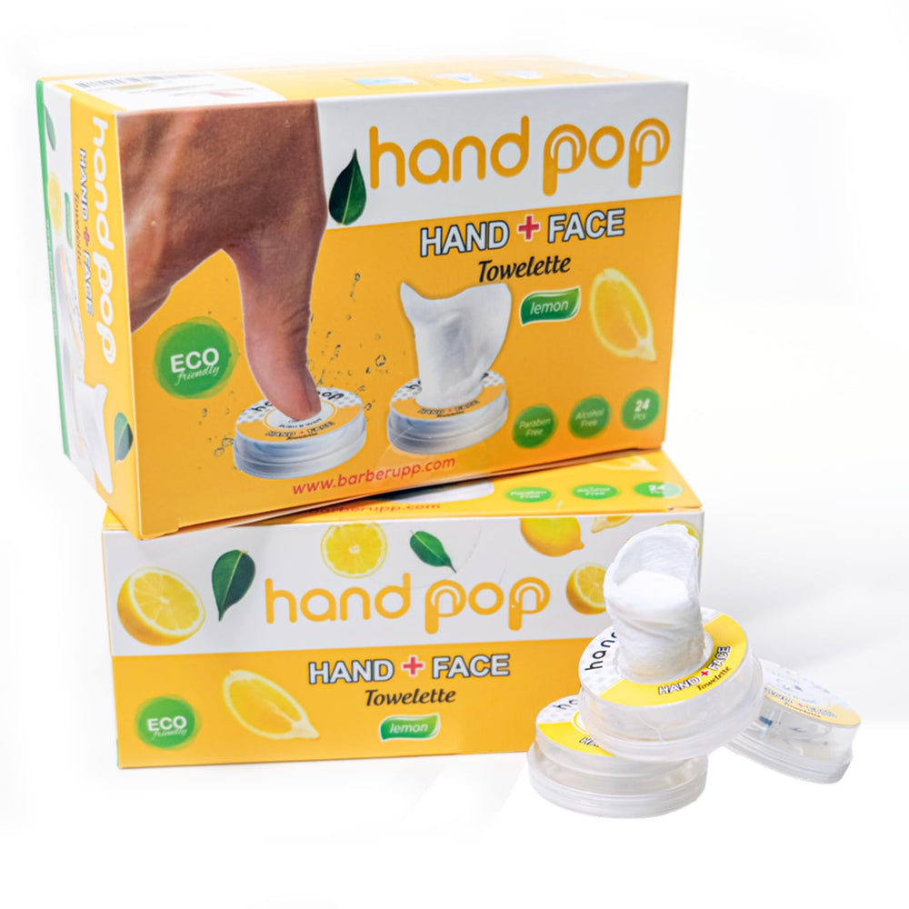 BARBERUPP Hand Pop Lemon Wipes center-activation design enables quick refresh on the go.