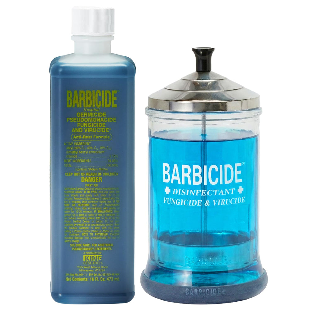 BARBICIDE 21oz midsize jar ready for professional tool disinfection in salons.