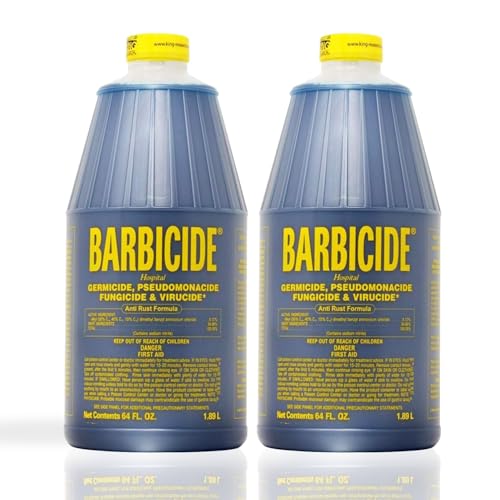 BARBICIDE bottle beside water demonstrates high-yield concentrate for cost-efficient disinfection.