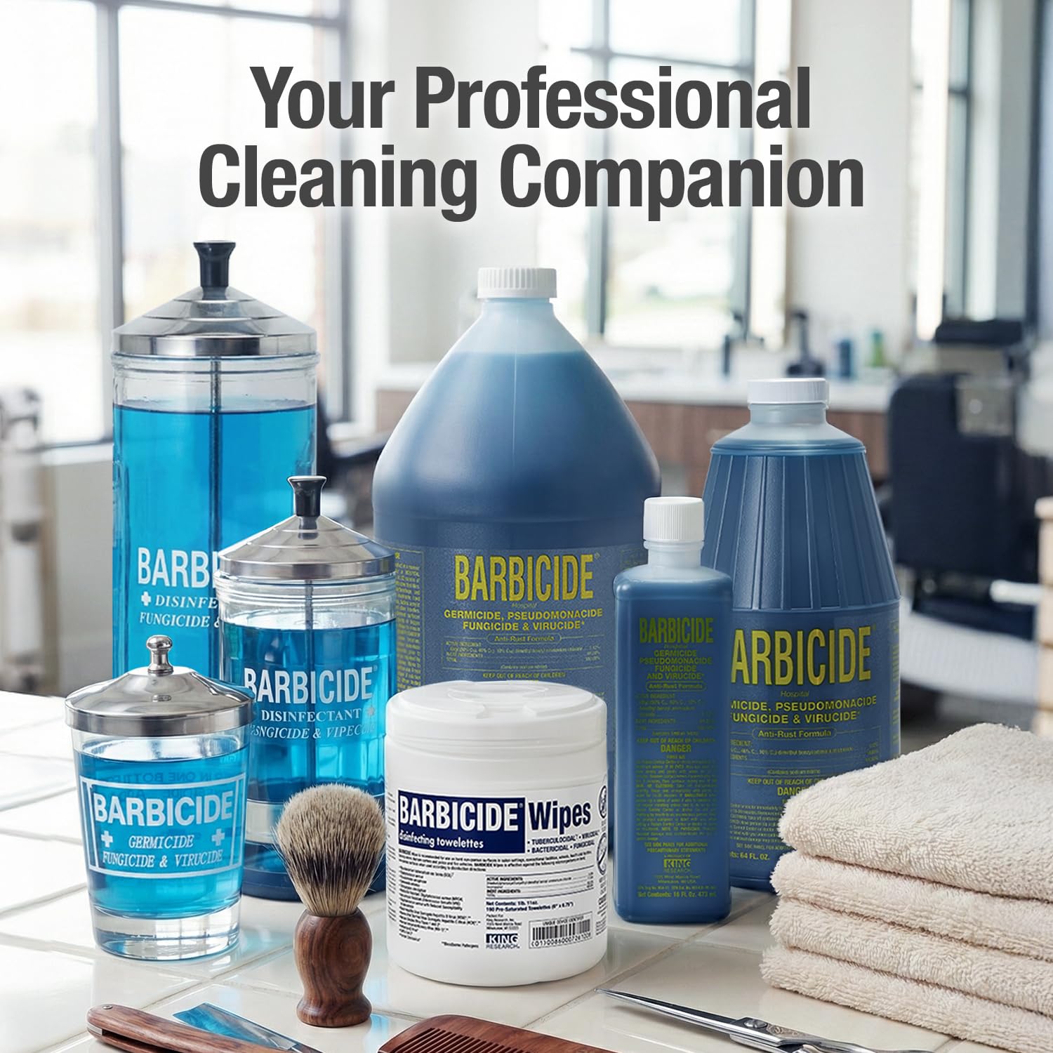 BARBICIDE blue formula close-up emphasizes trusted professional heritage.