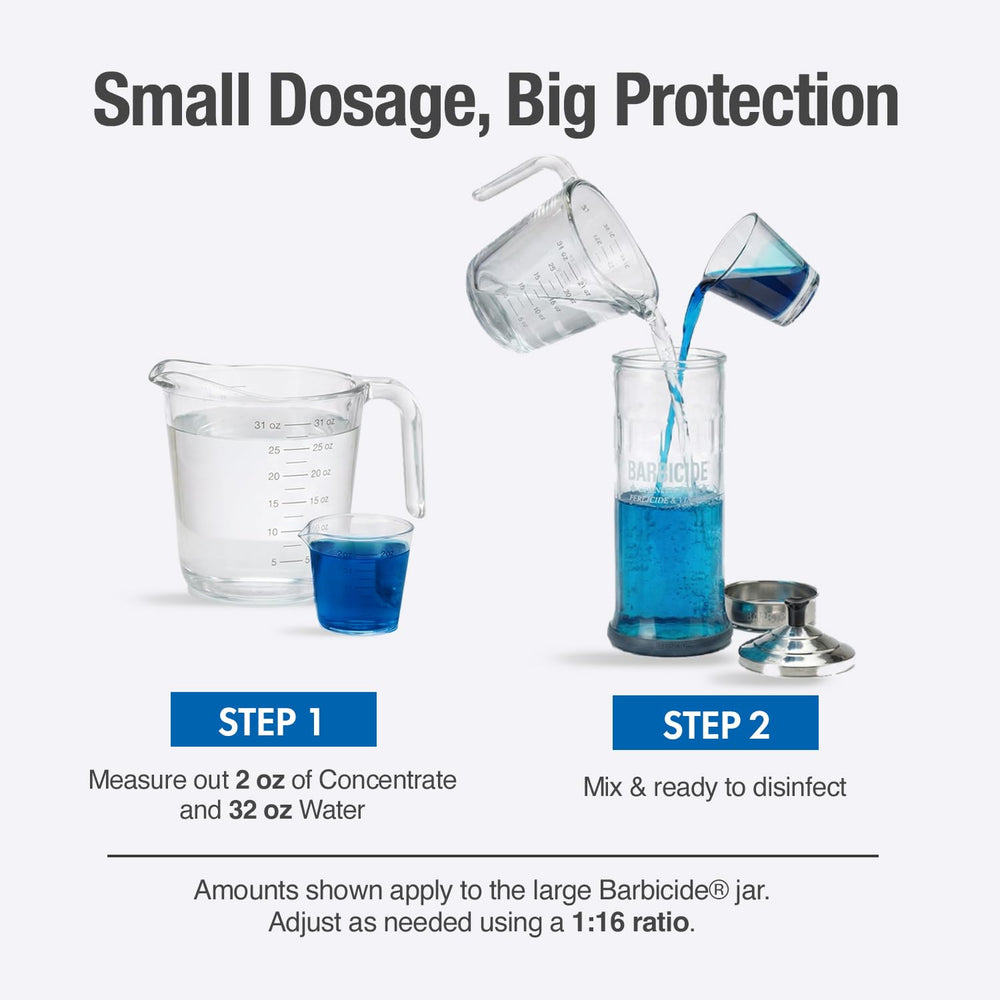 Tools submerged in BARBICIDE for ten minutes in an immersion jar.