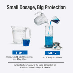 Tools submerged in BARBICIDE for ten minutes in an immersion jar.