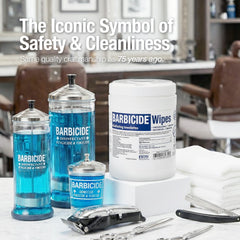 BARBICIDE wipes close-up showing durability for busy barbershop stations