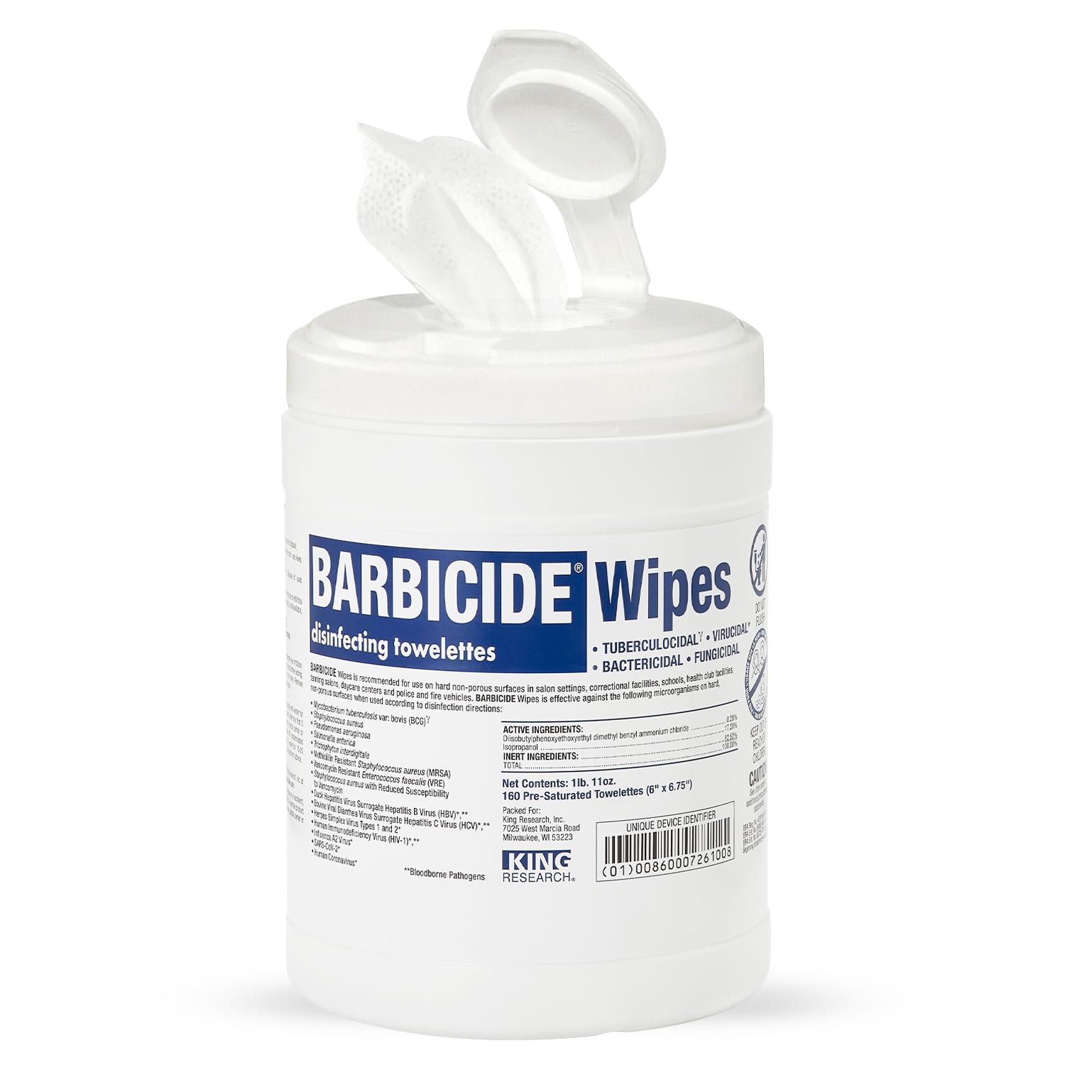 BARBICIDE Professional disinfecting wipes in a jar front for quick salon surface cleanup
