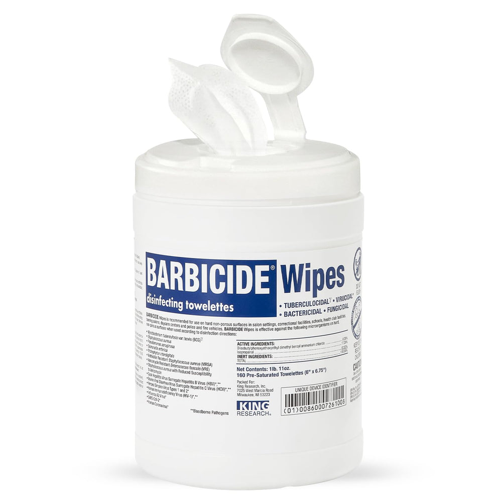 BARBICIDE Professional disinfecting wipes in a jar front for quick salon surface cleanup