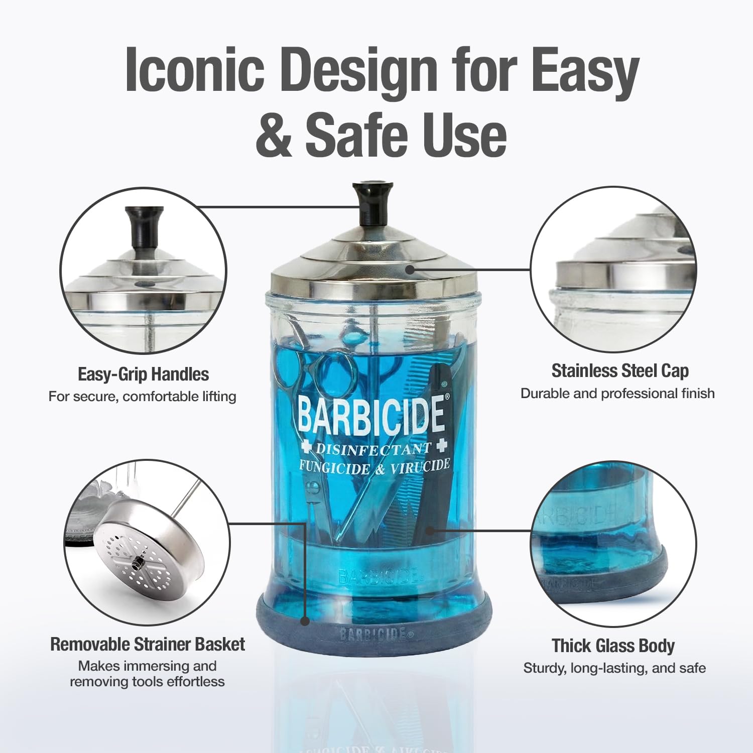 BARBICIDE tools immersed in the jar for thorough tool sanitation.