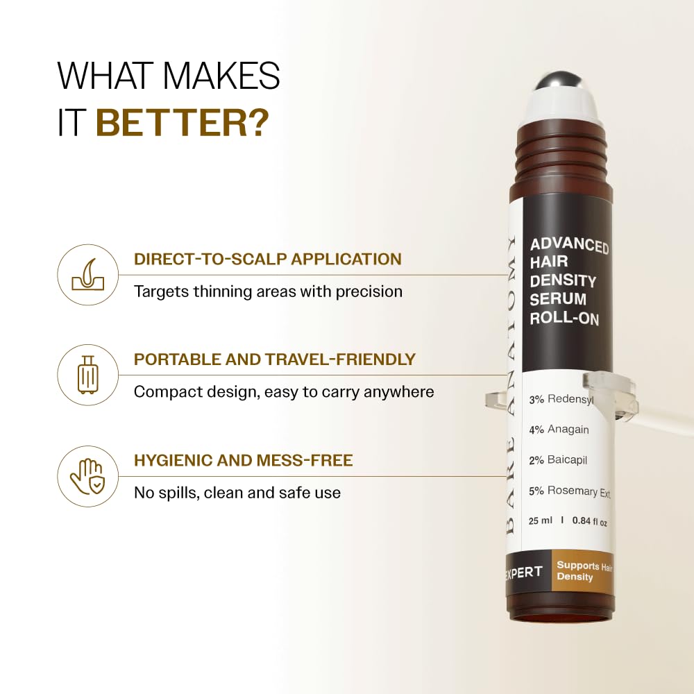 Bare Anatomy Advanced Hair Density Roll-On serum droplets highlight quick-absorb formula