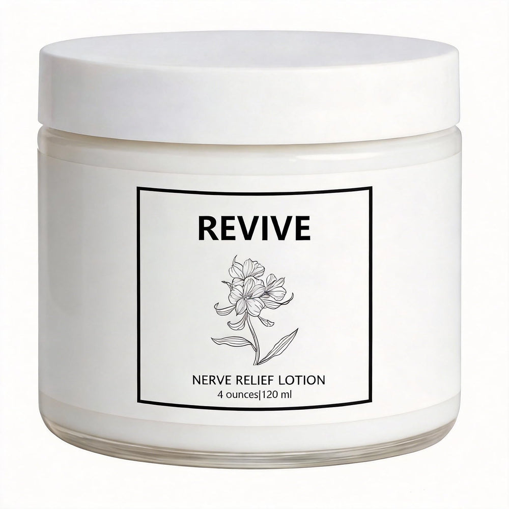 Bare Basics Revive Nerve Relief Cream bottle shown for targeted cooling relief.