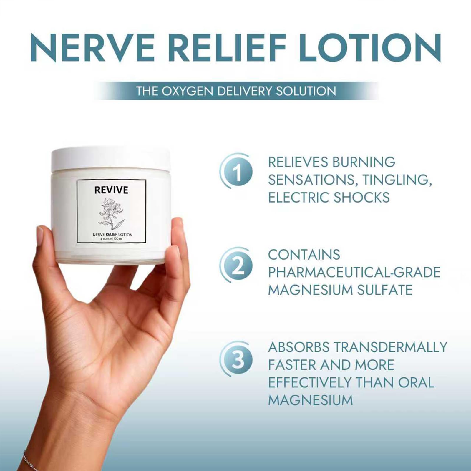 Hand applying Bare Basics Revive Nerve Relief Cream shows quick absorption without greasiness.