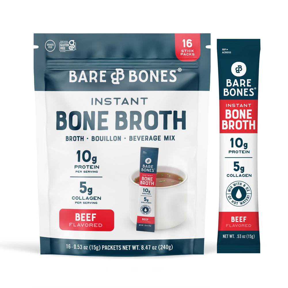 Bare Bones beef bone broth packets on display for convenient on the go flavor