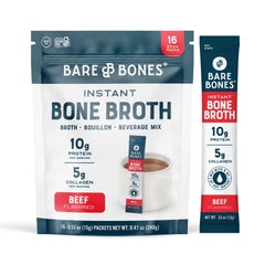 Bare Bones beef bone broth packets on display for convenient on the go flavor