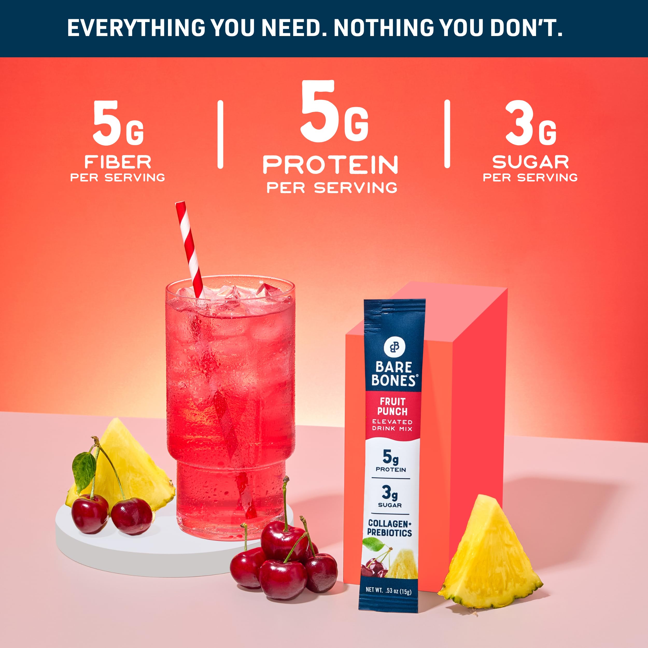 Bare Bones Fruit Punch ingredients label highlights collagen and prebiotics for a wellness blend.