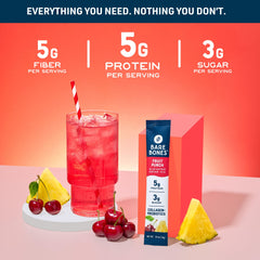 Bare Bones Fruit Punch ingredients label highlights collagen and prebiotics for a wellness blend.