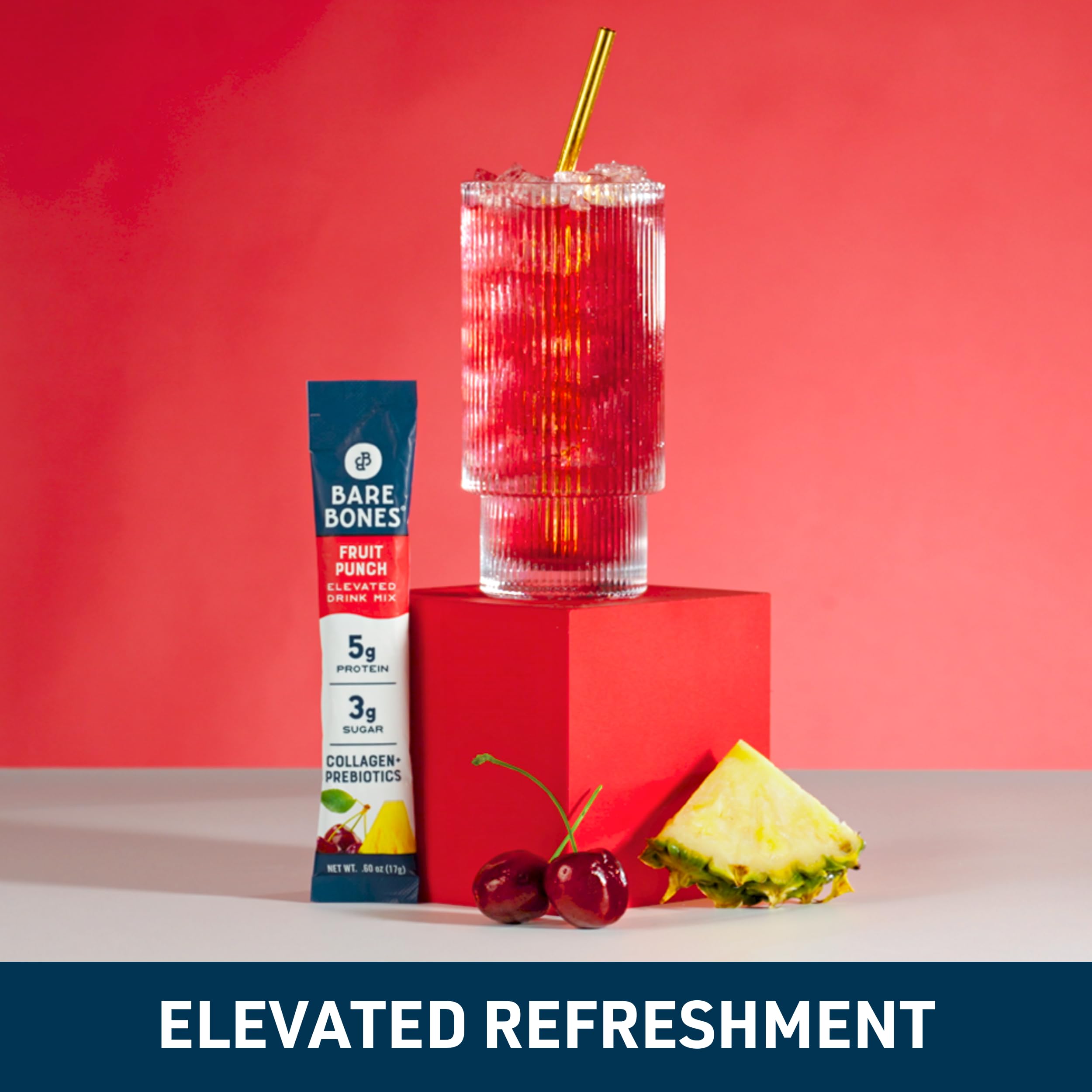 Bare Bones Fruit Punch label close-up shows natural sweeteners for clean taste.