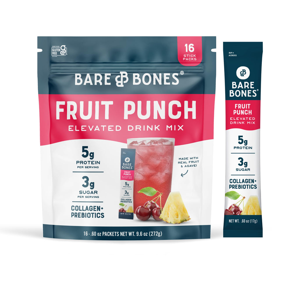Bare Bones Fruit Punch stick-pack ready for on-the-go hydration.
