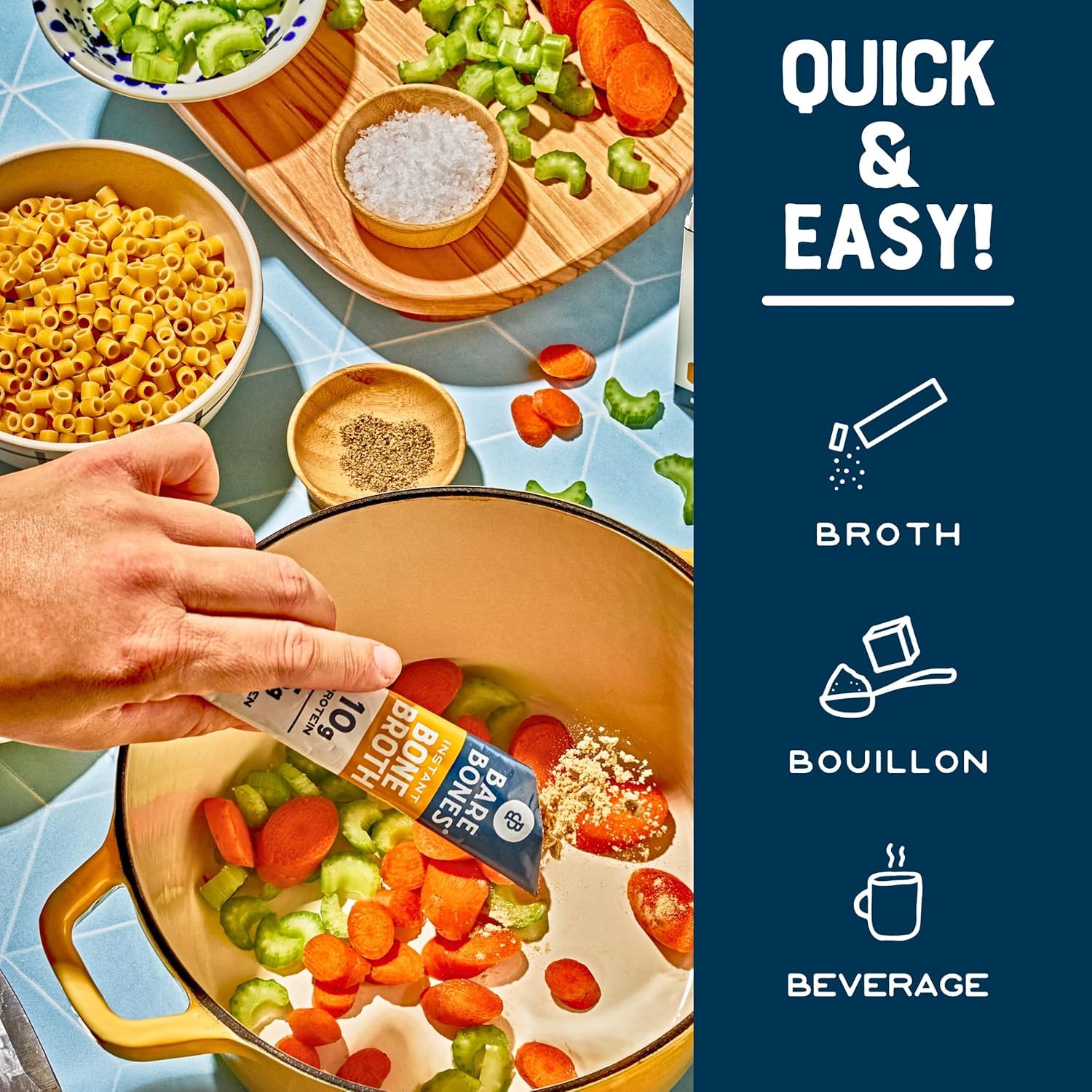 Bare Bones on-the-go packs with hot water pouring action for quick nourishment.